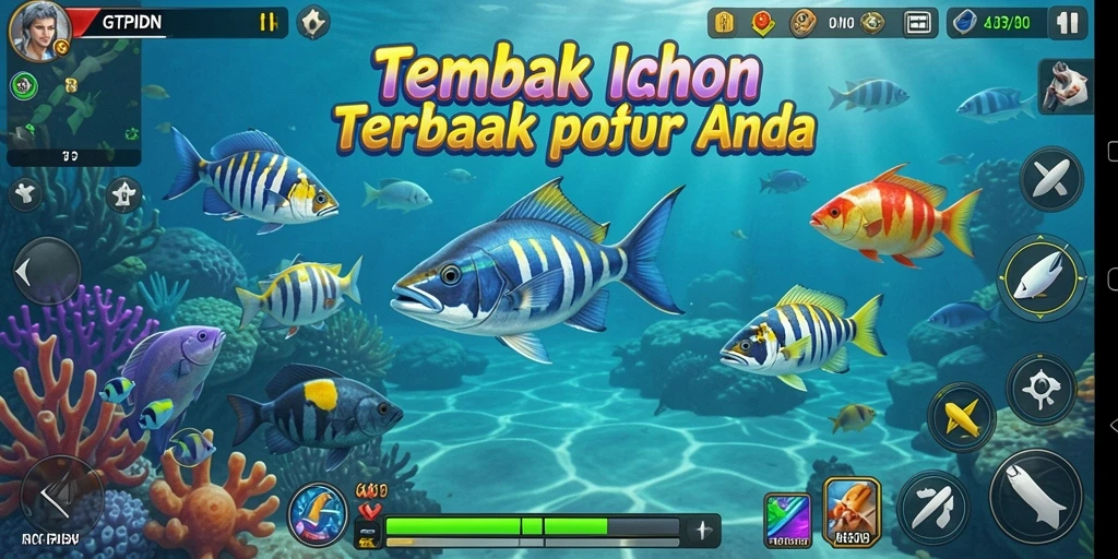 Gameplay seru GTPIDN dengan ikan berwarna-warni di layar.
