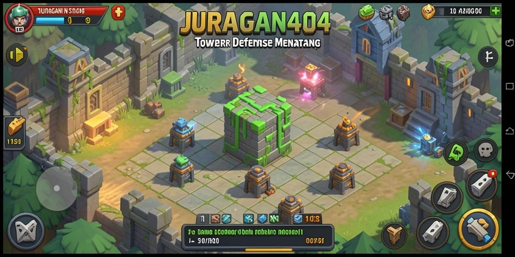 Tangkapan layar utama <strong>JURAGAN404</strong> menunjukkan aksi seru dalam permainan Tower Defense.