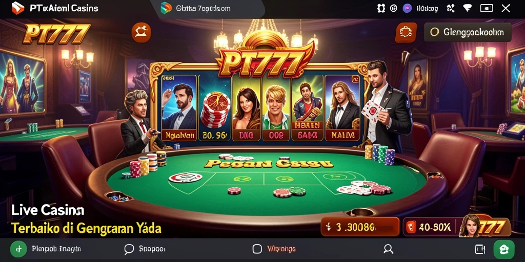 Screenshot gameplay PT777 menampilkan dealer langsung dan suasana kasino yang nyata.